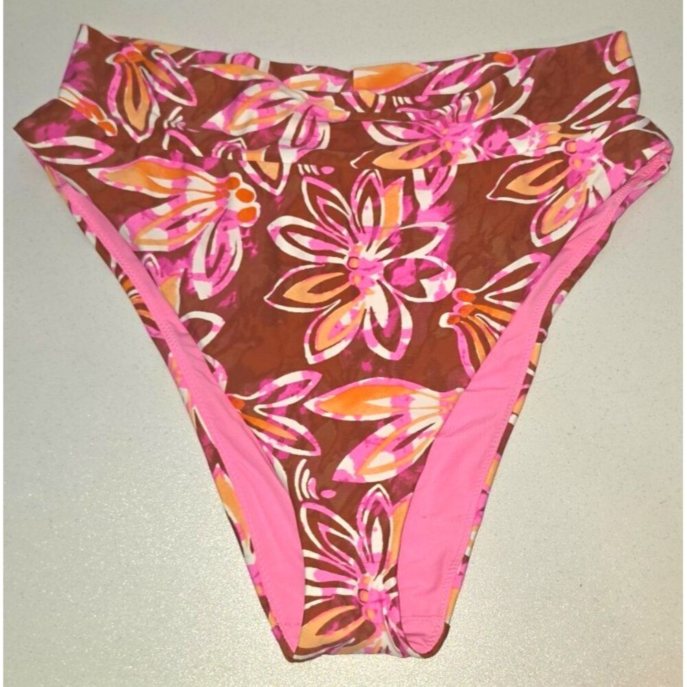 Aerie Pink Brown Floral High Cut Cheeky Swim Bathing Suit Bottom NEW XL